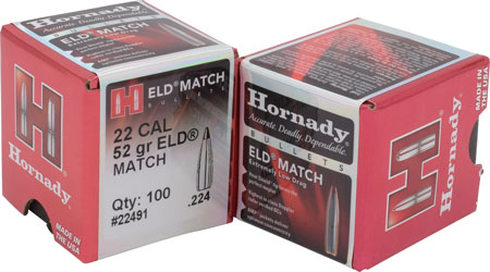 HORNADY BULLETS 22CAL .224 52GR ELD-M MATCH 100CT 40BX/CS - for sale
