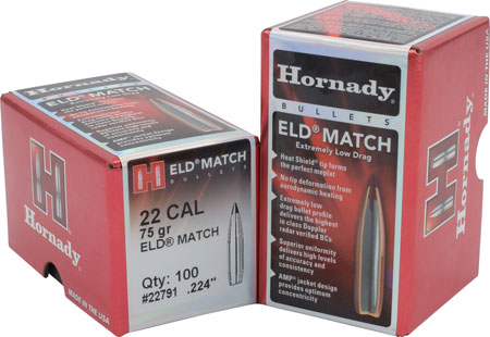 HORNADY BULLETS 22CAL .224 75GR ELD-M MATCH 100CT 25BX/CS - for sale