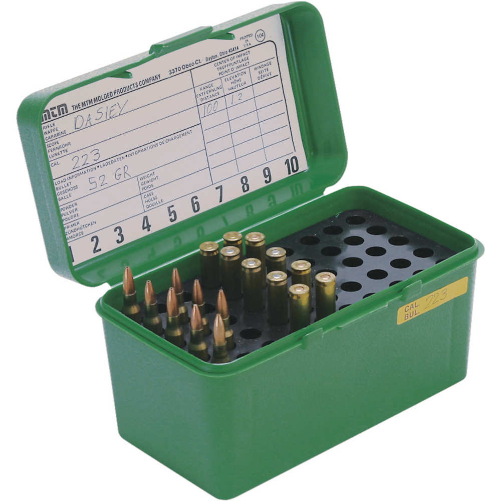 MTM DELUXE AMMO BOX 50-ROUNDS LG RIFLE .220SWIFT-30/06 GREEN - for sale