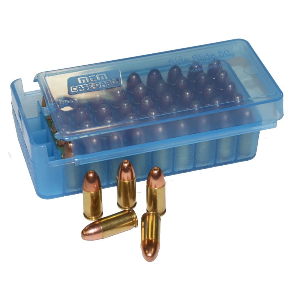 MTM AMMO BOX 9MM LUGER/.380ACP 50-ROUNDS SIDE SLIDE CL BLUE - for sale